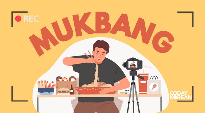 A guy with many food eating noodles while taking a video of himself with a camera on a tripod