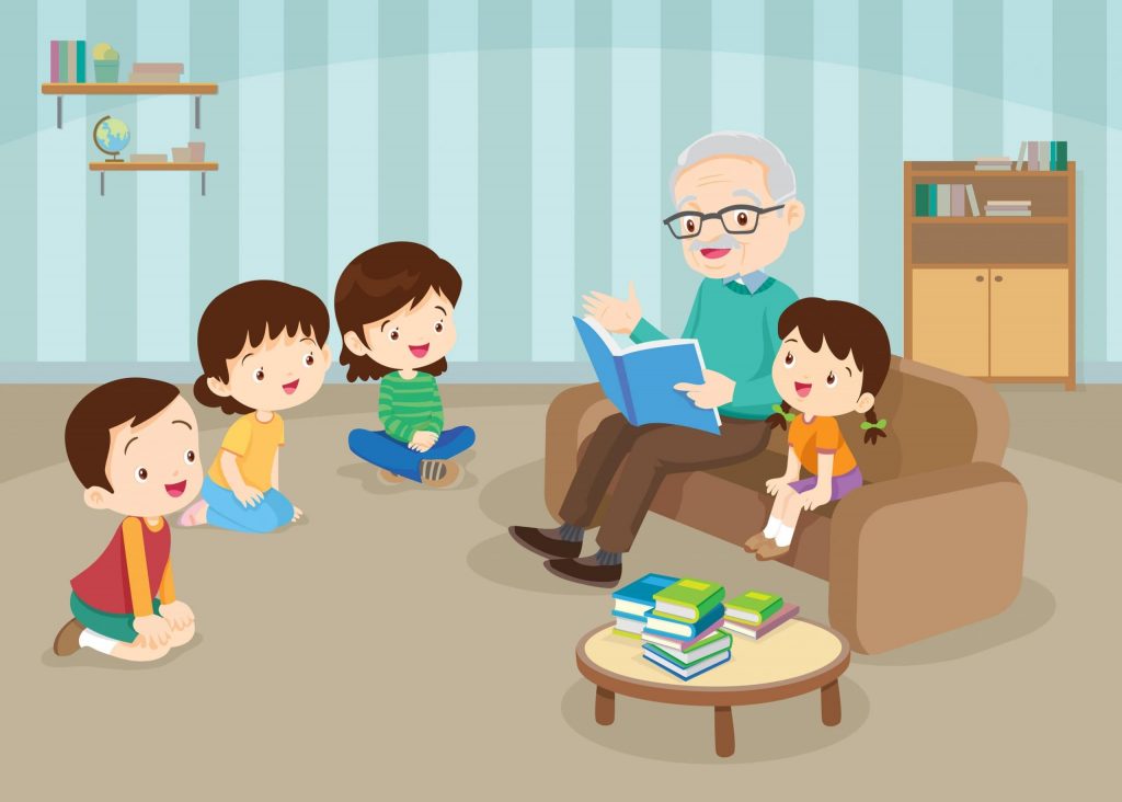 Old man reading a storybook to four children