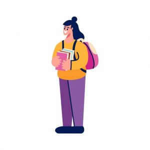 Happy female student with backpack and stack of books