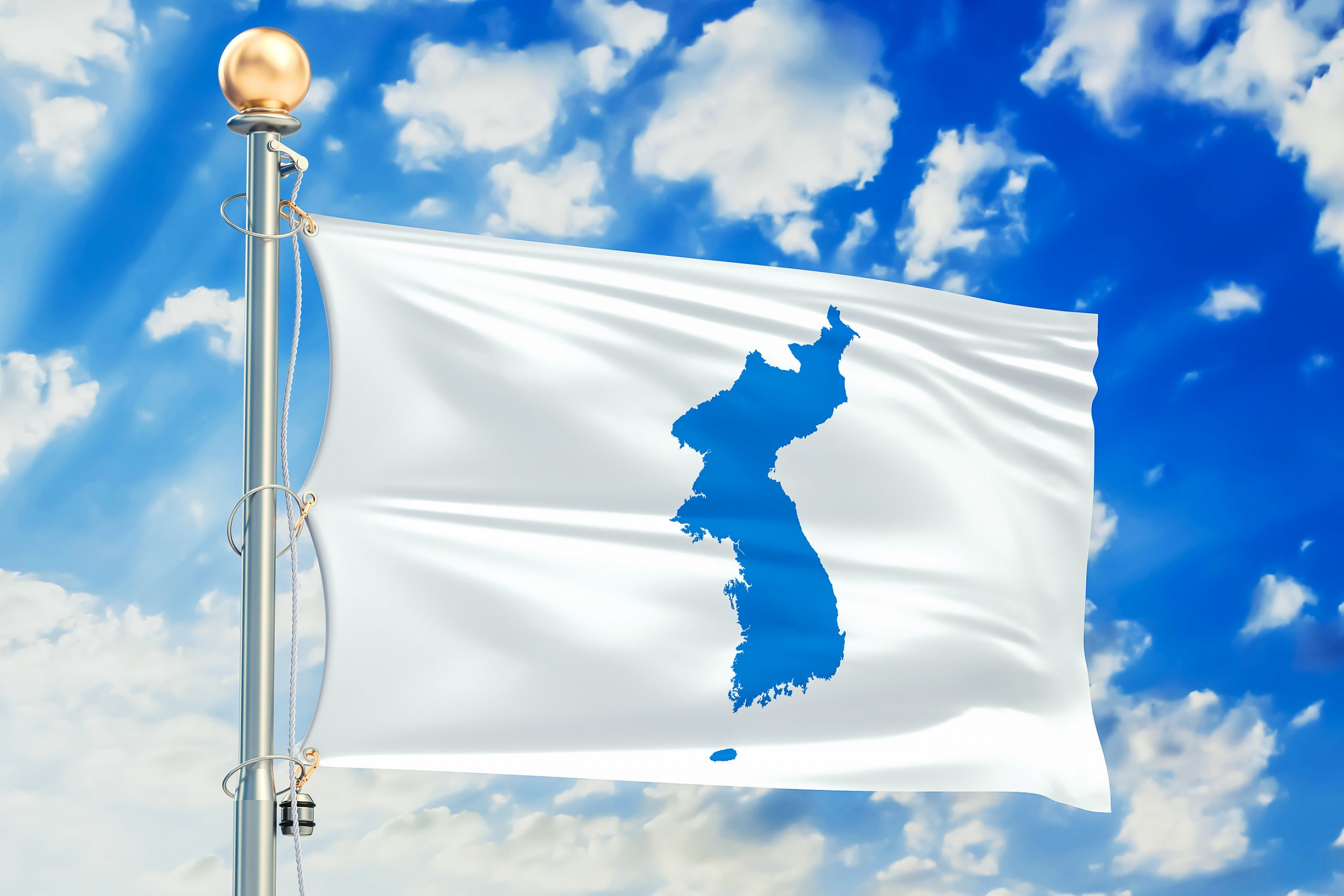 Korean Unification flag waving in blue cloudy sky, 3D rendering