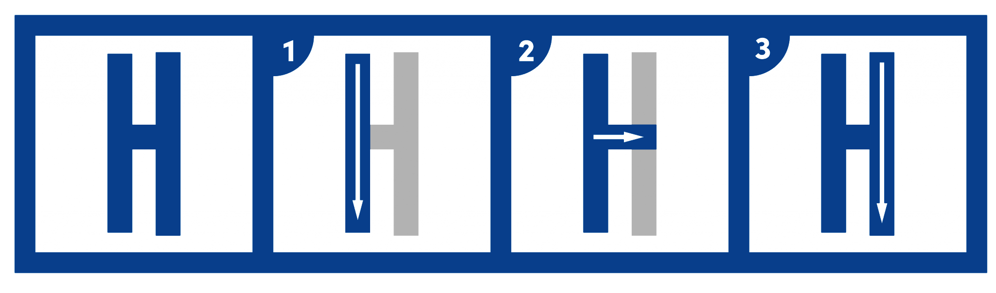 4 white & blue boxes with stroke order of the Korean character, ㅐ