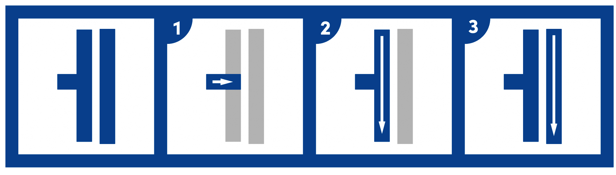 4 white & blue boxes with stroke order of the Korean character, ㅔ