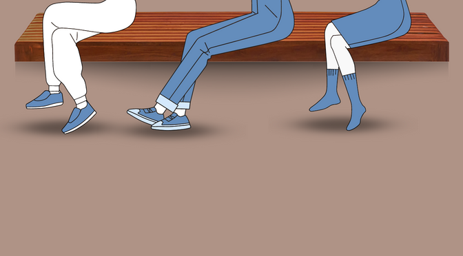 three pairs of legs seated