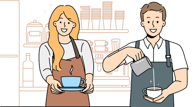 A female barista holding a cup of coffee and a male barista preparing a cup of coffee 
