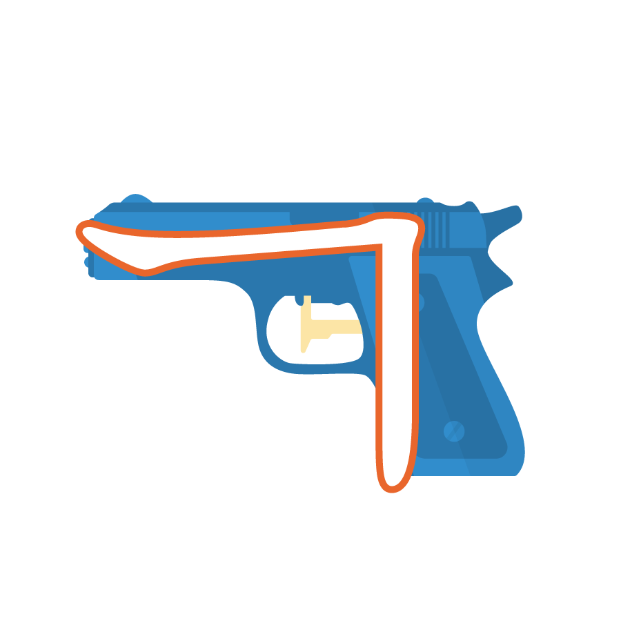 Illustration of the Korean alphabet letter ㄱ 기역 giyeok in front of a blue gun