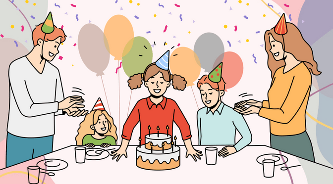 A family of five celebrating the daughter's birthday with cake, food, and balloons