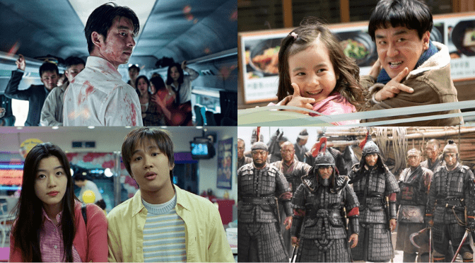 Scenes from Train to Busan, Miracle in Cell No. 7, My Sassy Girl, and Roaring Currents