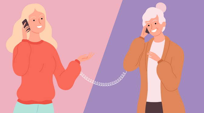 a young woman and an old lady talking over the phone