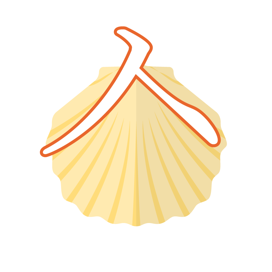 Illustration of the Korean alphabet letter ㅅ 시옷 siot in front of a yellow seashell