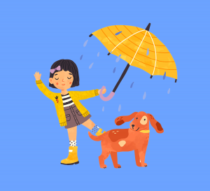 Seasons in Korean - Girl with Umbrella and Dog 