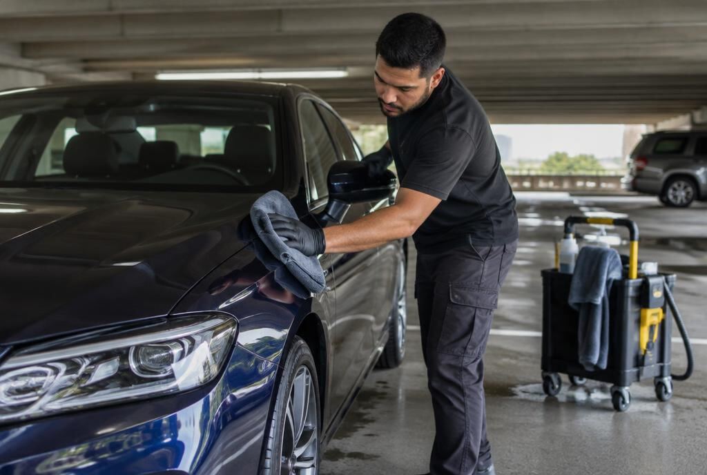 Technician detailing a car in Mission Valley