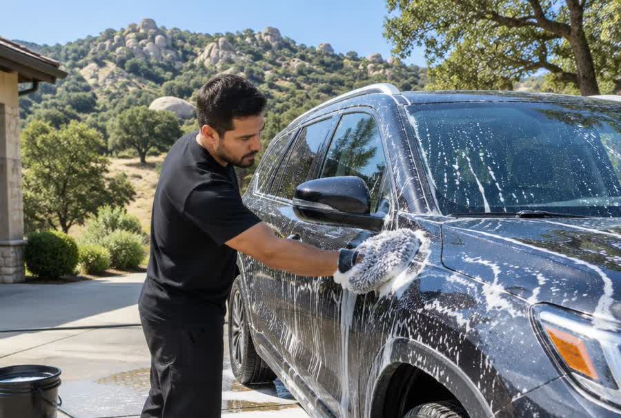 Technician detailing a vehicle at a home in Alpine