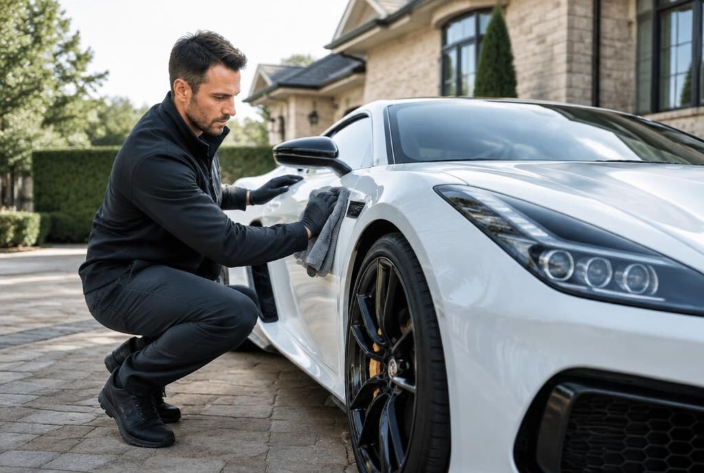 Technician detailing a car in Rancho Santa Fe