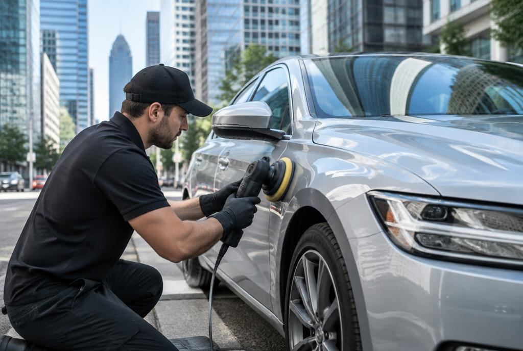 Technician detailing a car in Downtown San Diego