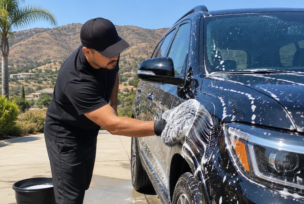 Technician detailing a car at a home in Lakeside