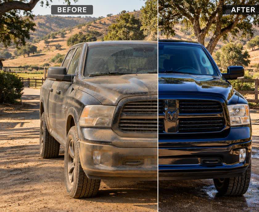 Mobile car detailing Lakeside CA — before and after of a detailed truck